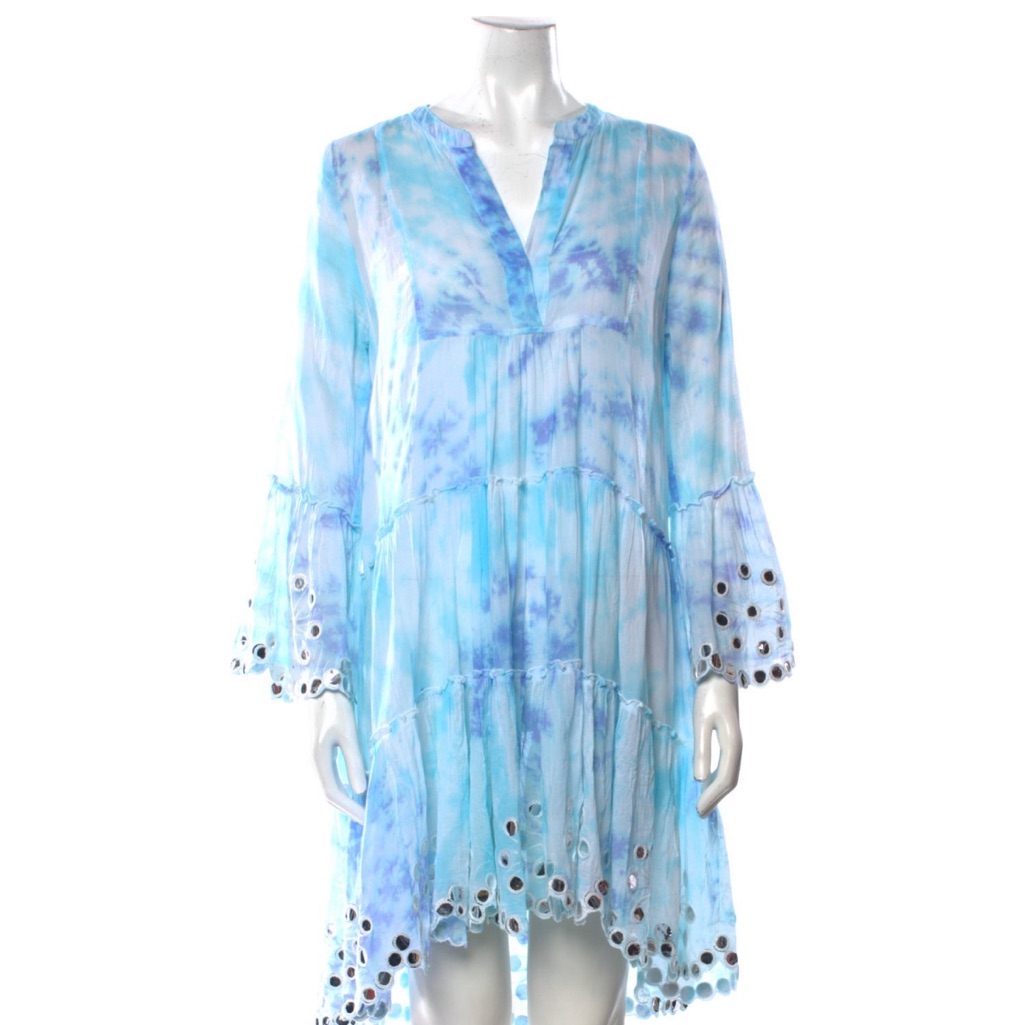 Juliet Dunn Turquoise White Tie Dye Mirror Embroidery Trim Swim Cover Up Dress S